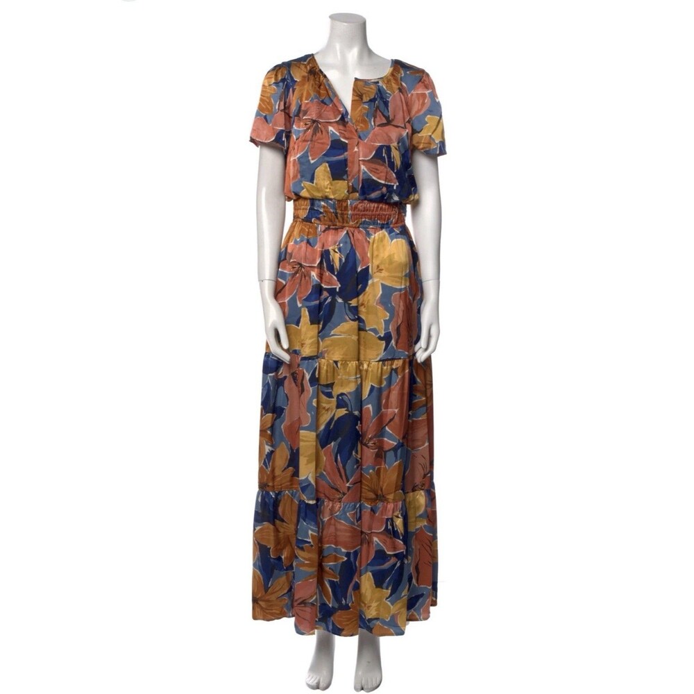 Nicole Miller Blue Floral Satin Maxi Dress Womens M Boho Cottagecore Pockets